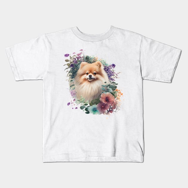 Pomeranian Floral Kids T-Shirt by Mixtgifts